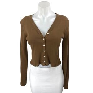 Brandy Melville Brown Rib Knit Long Sleeve Button Crop Cardigan Sweater Top Sz S